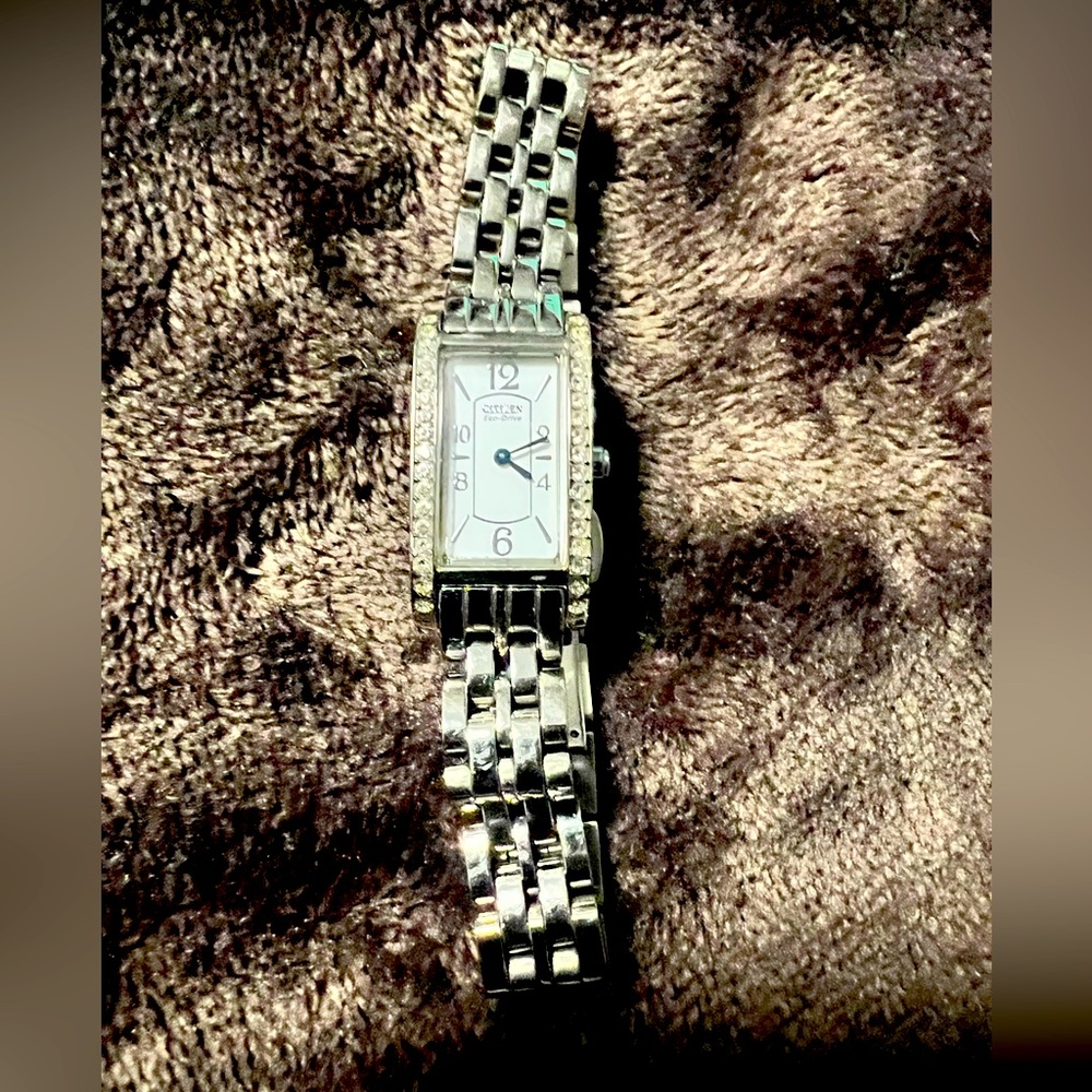 Citizen Eco-Drive Ladies Silver Tank Watch w/ Crystals